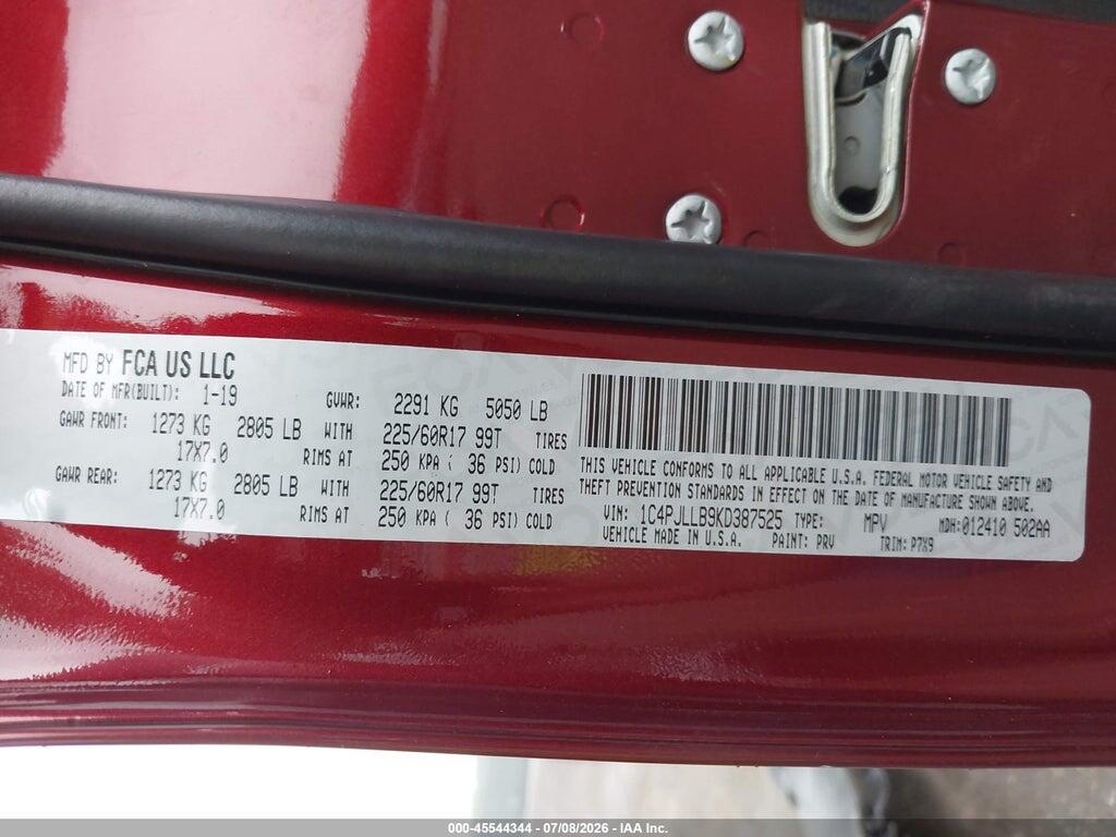 1C4PJLLB9KD387525 2019 JEEP CHEROKEE photo no. 9