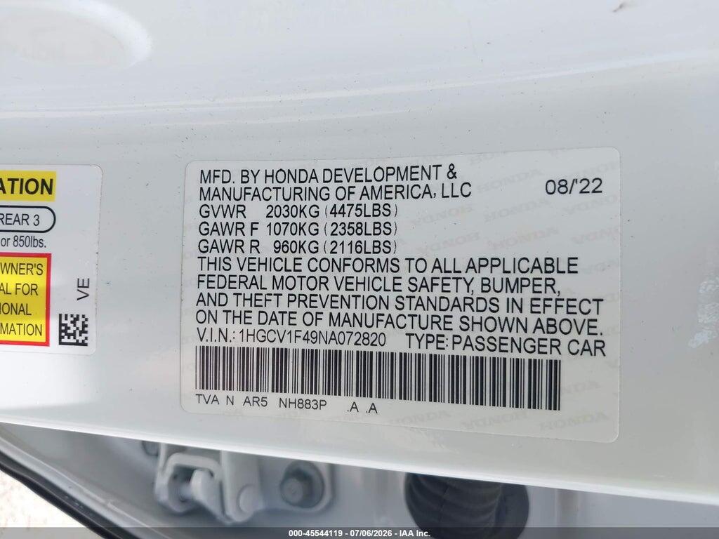 1HGCV1F49NA072820 2022 HONDA ACCORD photo no. 9