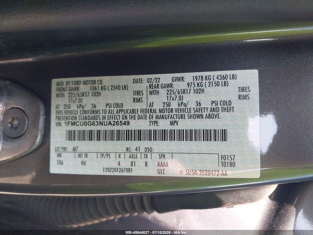 1FMCU0G63NUA26549 2022 FORD ESCAPE photo no. 9