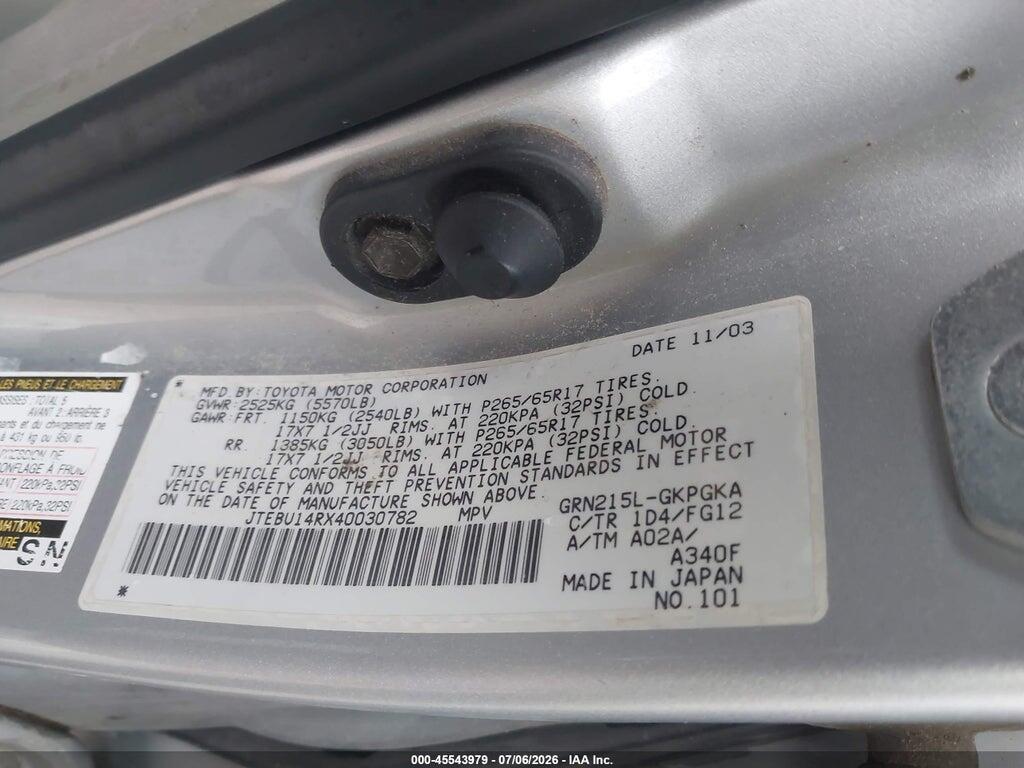 JTEBU14RX40030782 2004 TOYOTA 4RUNNER photo no. 9