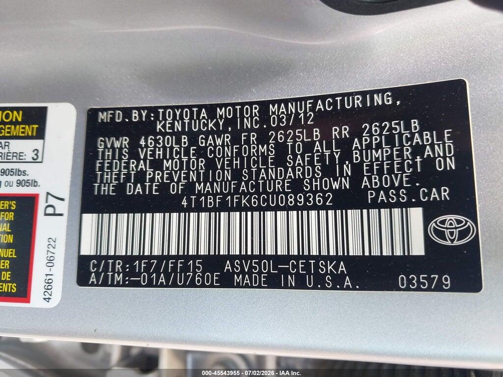 4T1BF1FK6CU089362 2012 TOYOTA CAMRY photo no. 9