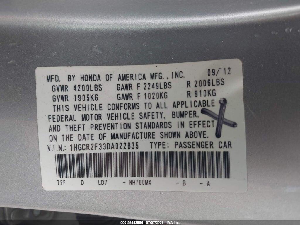 1HGCR2F33DA022835 2013 HONDA ACCORD photo no. 9