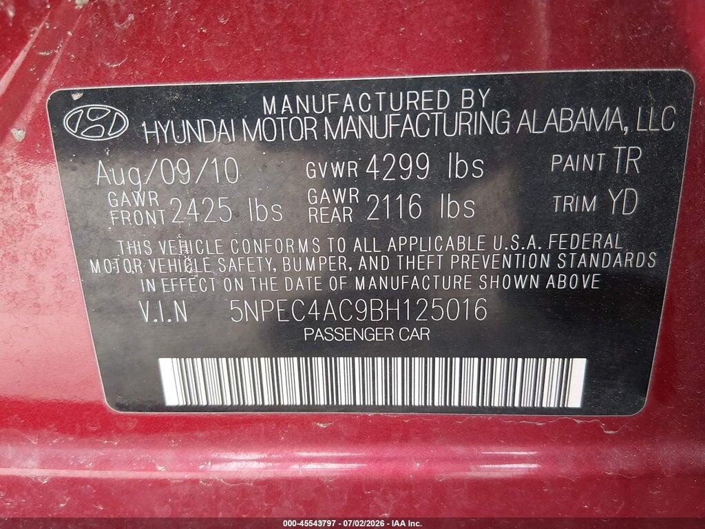 5NPEC4AC9BH125016 2011 HYUNDAI SONATA photo no. 9