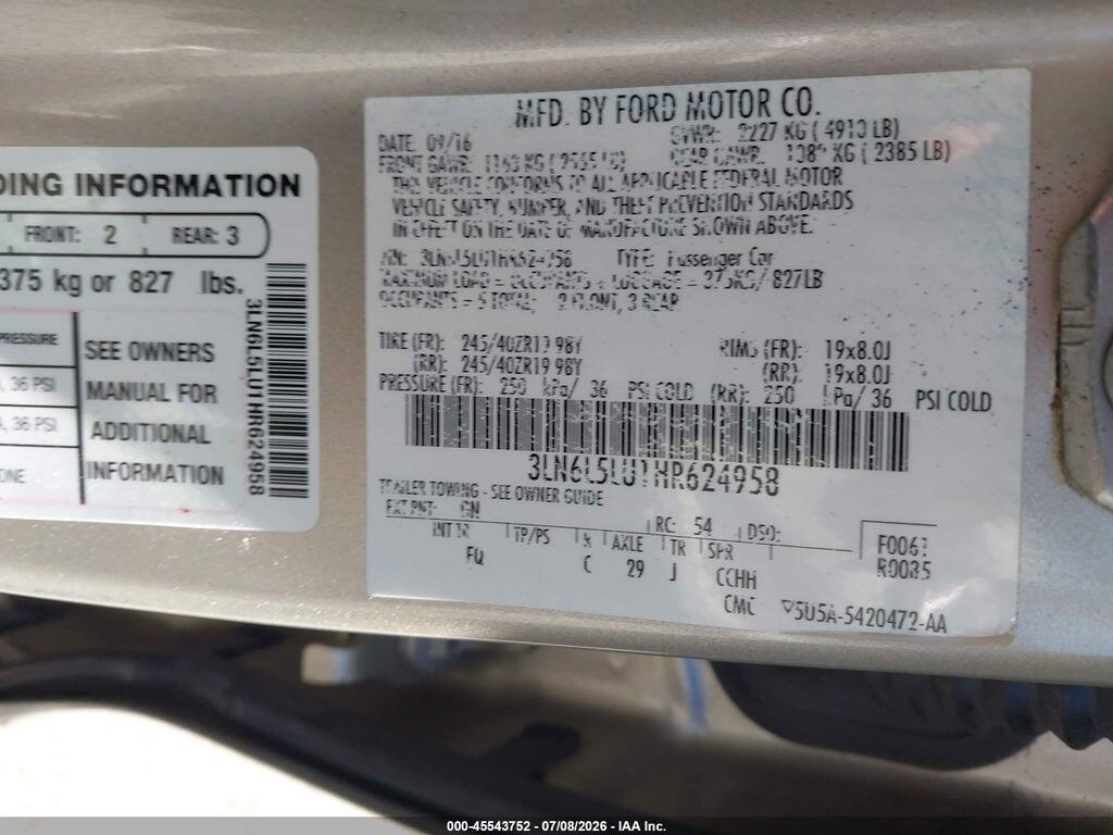 3LN6L5LU1HR624958 2017 LINCOLN MKZ HYBRID photo no. 9