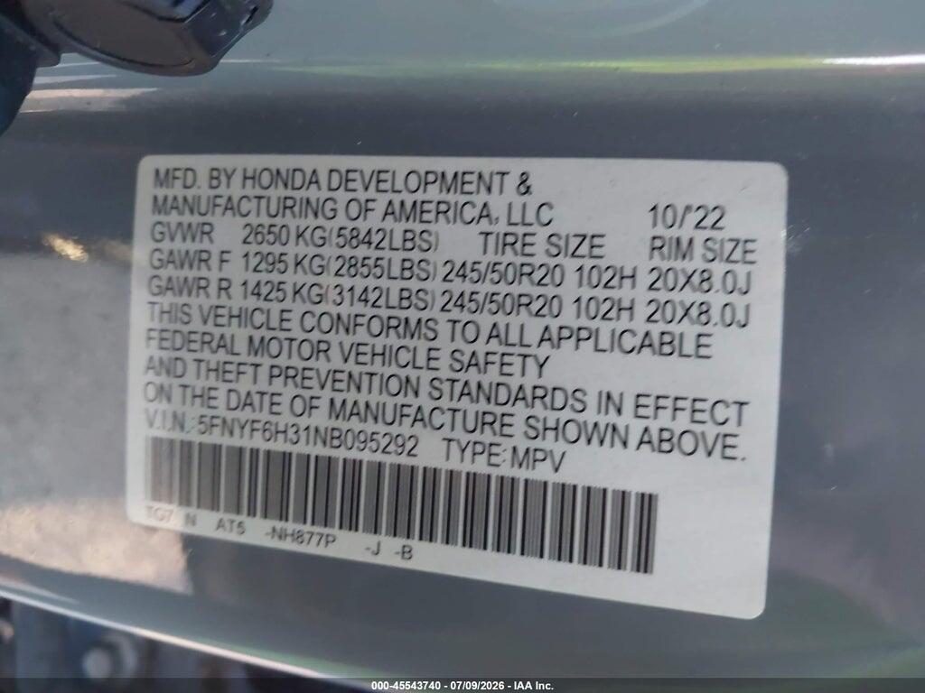 5FNYF6H31NB095292 2022 HONDA PILOT photo no. 9