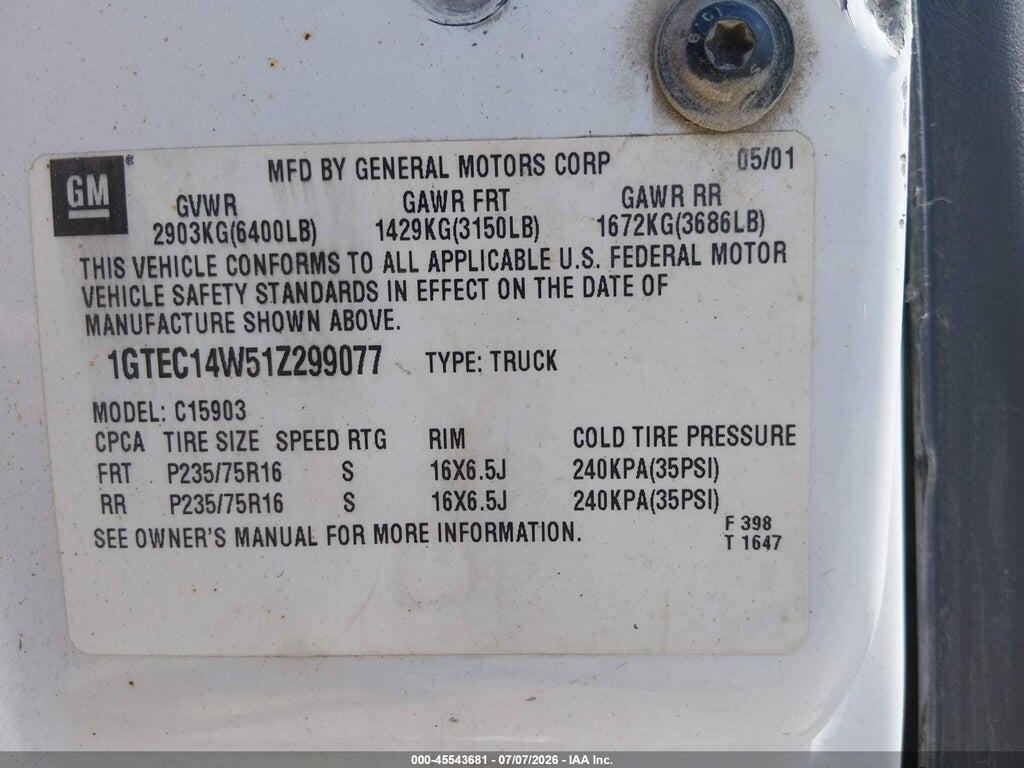 1GTEC14W51Z299077 2001 GMC SIERRA 1500 photo no. 9