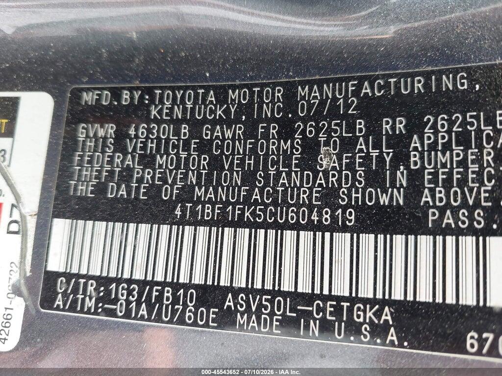 4T1BF1FK5CU604819 2012 TOYOTA CAMRY photo no. 9