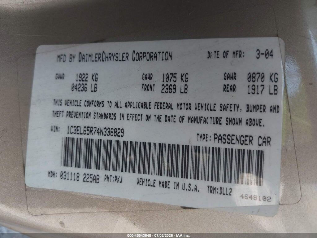 1C3EL65R74N336829 2004 CHRYSLER SEBRING photo no. 9
