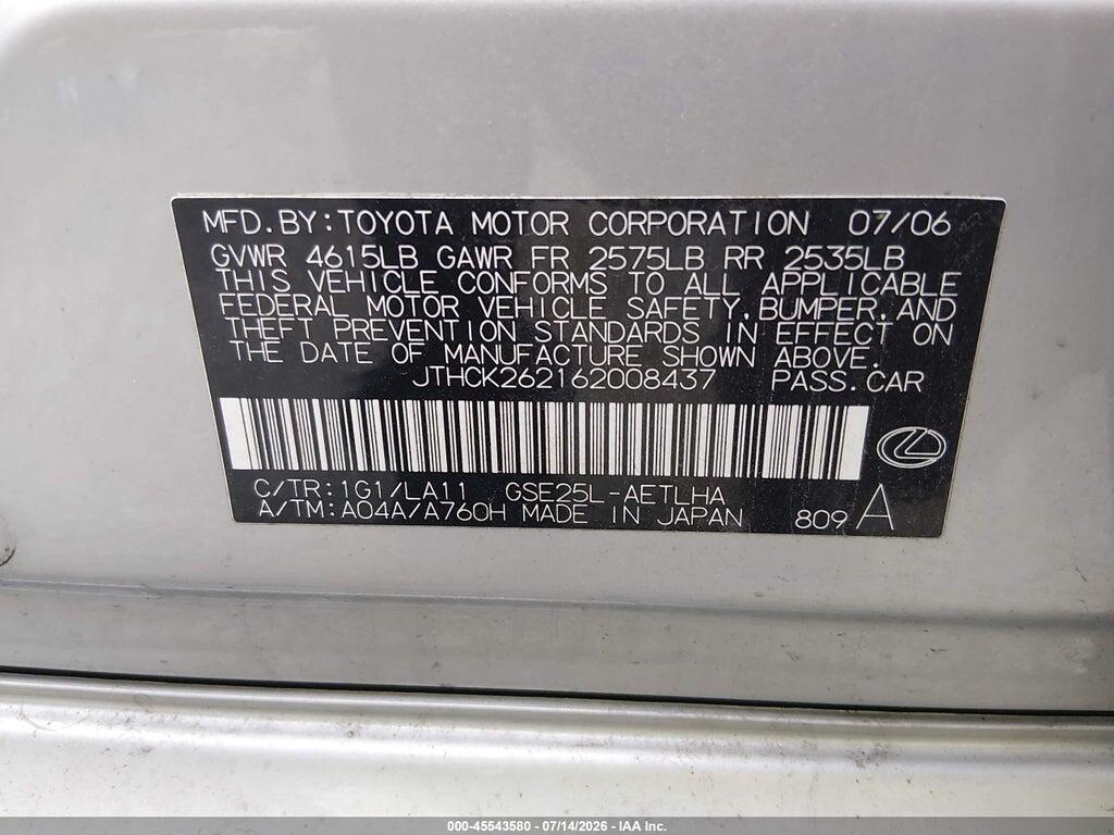 JTHCK262162008437 2006 LEXUS IS 250 photo no. 9