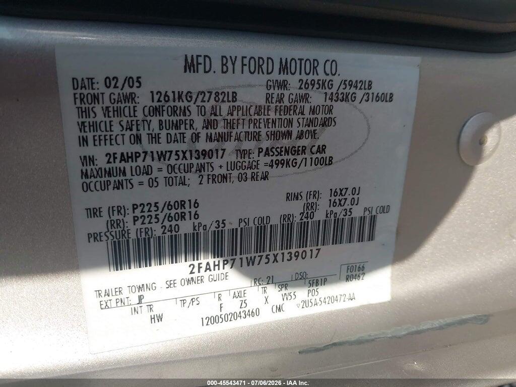 2FAHP71W75X139017 2005 FORD CROWN VICTORIA photo no. 9