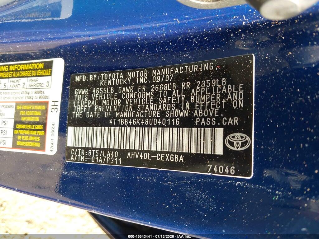 4T1BB46K48U040116 2008 TOYOTA CAMRY HYBRID photo no. 9