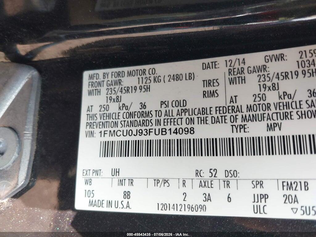 1FMCU0J93FUB14098 2015 FORD ESCAPE photo no. 9