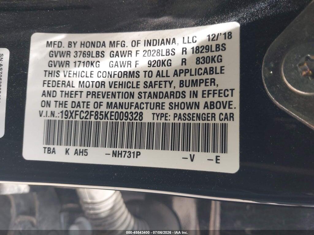 19XFC2F85KE009328 2019 HONDA CIVIC photo no. 9