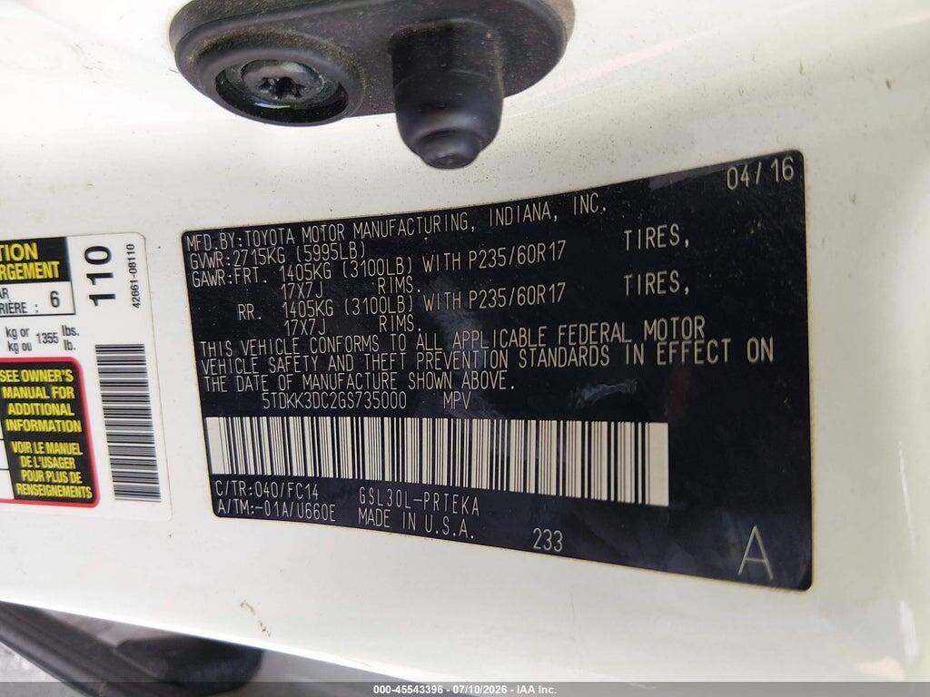 5TDKK3DC2GS735000 2016 TOYOTA SIENNA photo no. 9