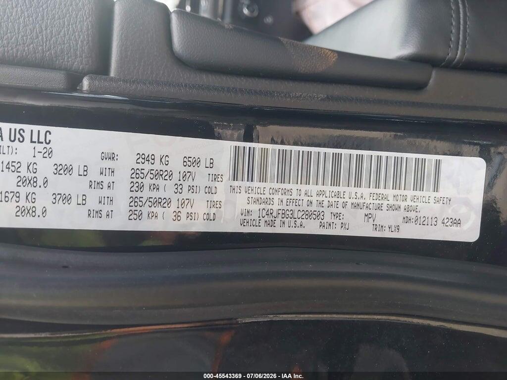 1C4RJFBG3LC280503 2020 JEEP GRAND CHEROKEE photo no. 9