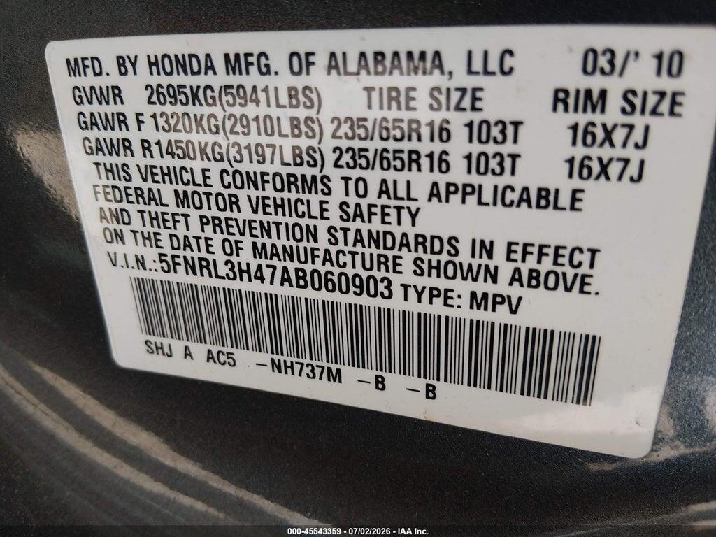 5FNRL3H47AB060903 2010 HONDA ODYSSEY photo no. 9