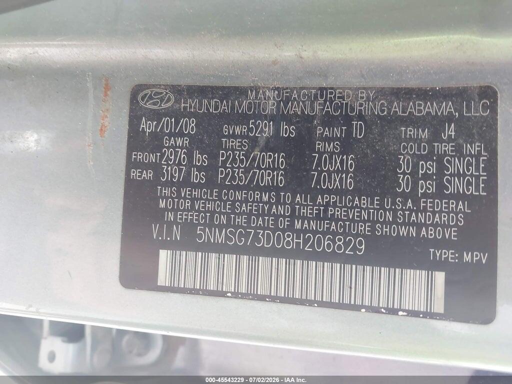 5NMSG73D08H206829 2008 HYUNDAI SANTA FE photo no. 9