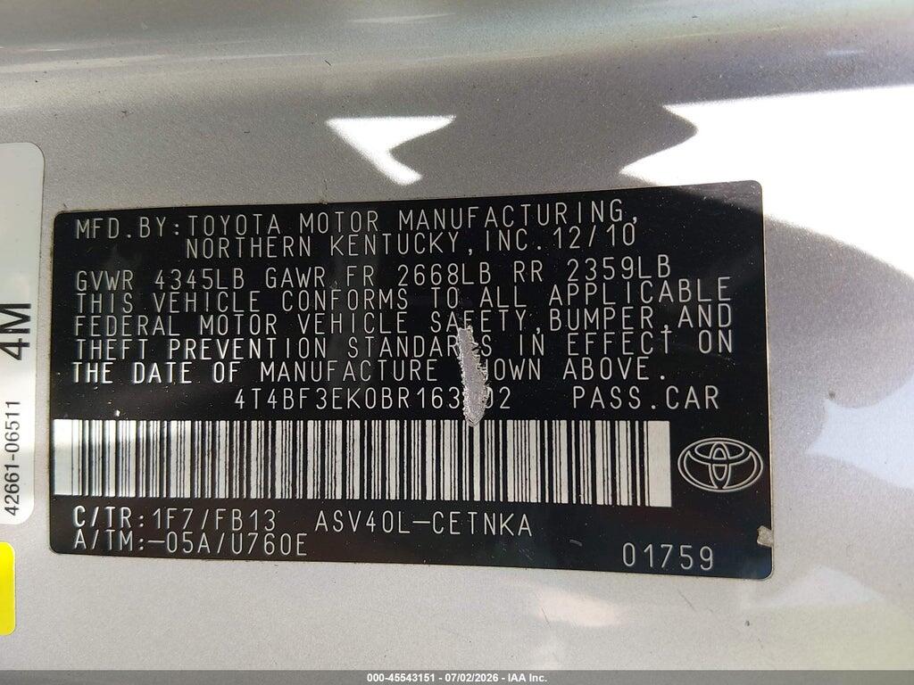 4T4BF3EK0BR163702 2011 TOYOTA CAMRY photo no. 9