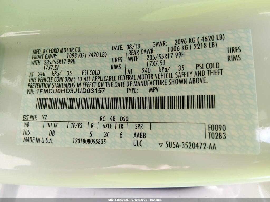 1FMCU0HD3JUD03157 2018 FORD ESCAPE photo no. 9