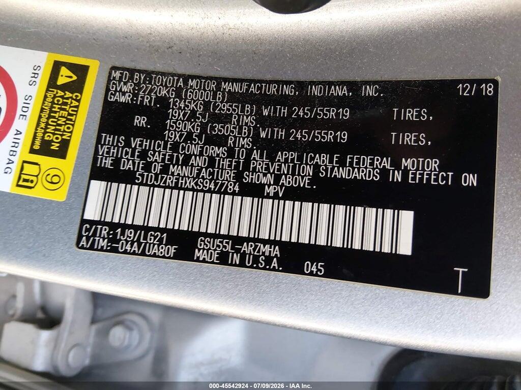 5TDJZRFHXKS947784 2019 TOYOTA HIGHLANDER photo no. 9