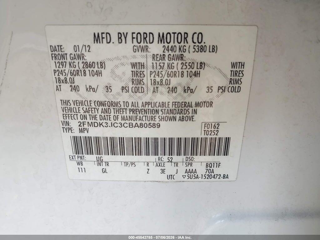 2FMDK3JC3CBA80589 2012 FORD EDGE photo no. 9
