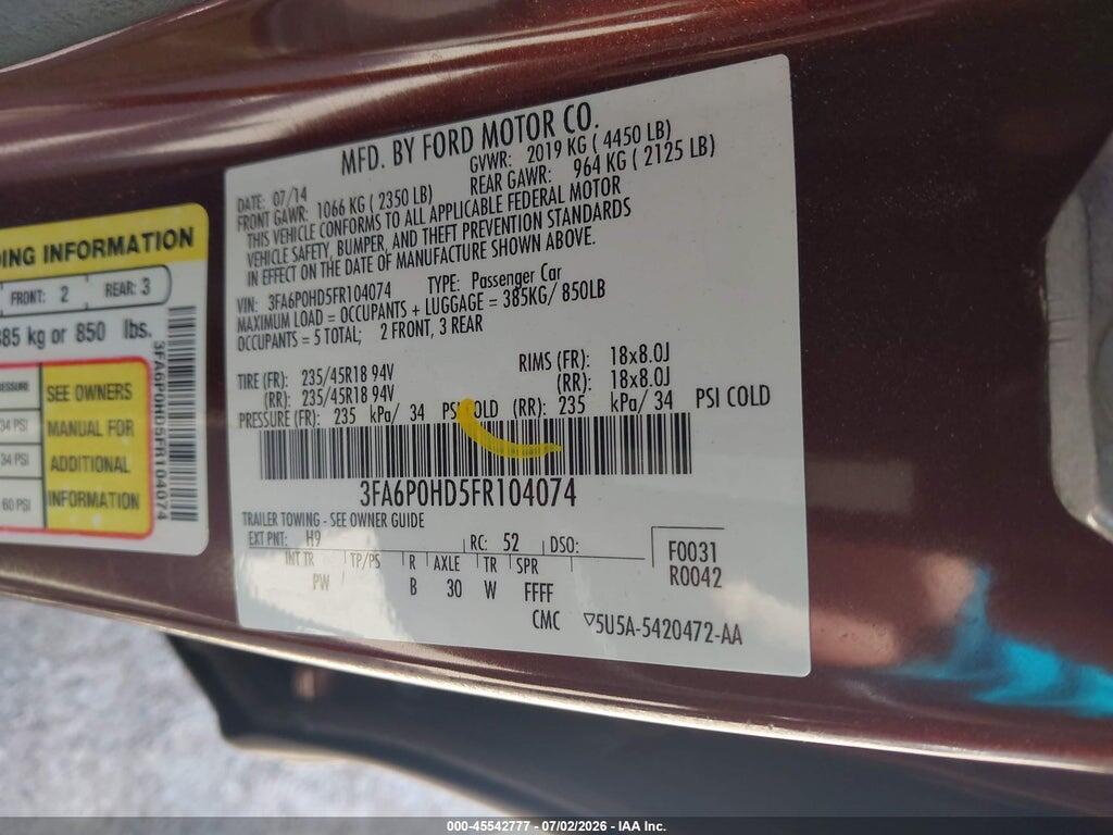 3FA6P0HD5FR104074 2015 FORD FUSION photo no. 9