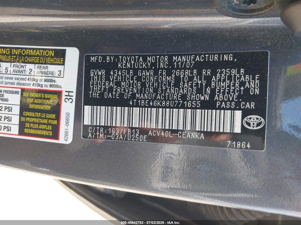 4T1BE46K88U771655 2008 TOYOTA CAMRY photo no. 9
