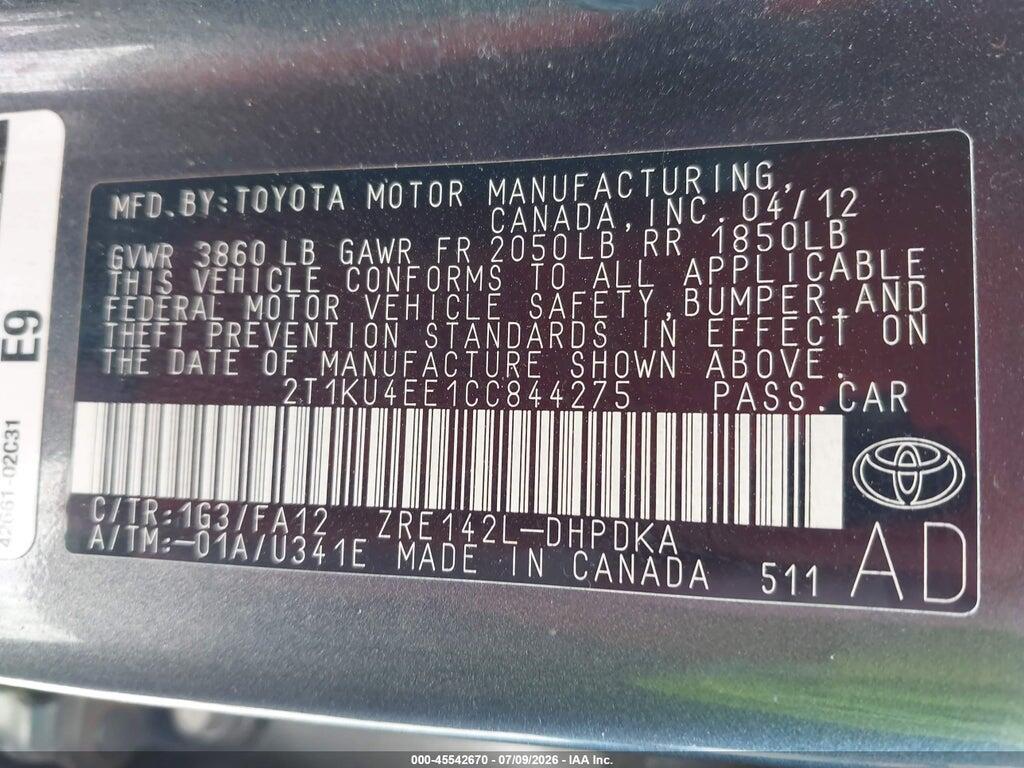 2T1KU4EE1CC844275 2012 TOYOTA MATRIX photo no. 9