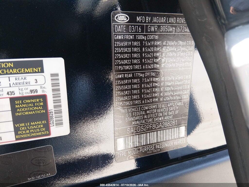 SALGS2PF8GA288281 2016 LAND ROVER RANGE ROVER photo no. 9