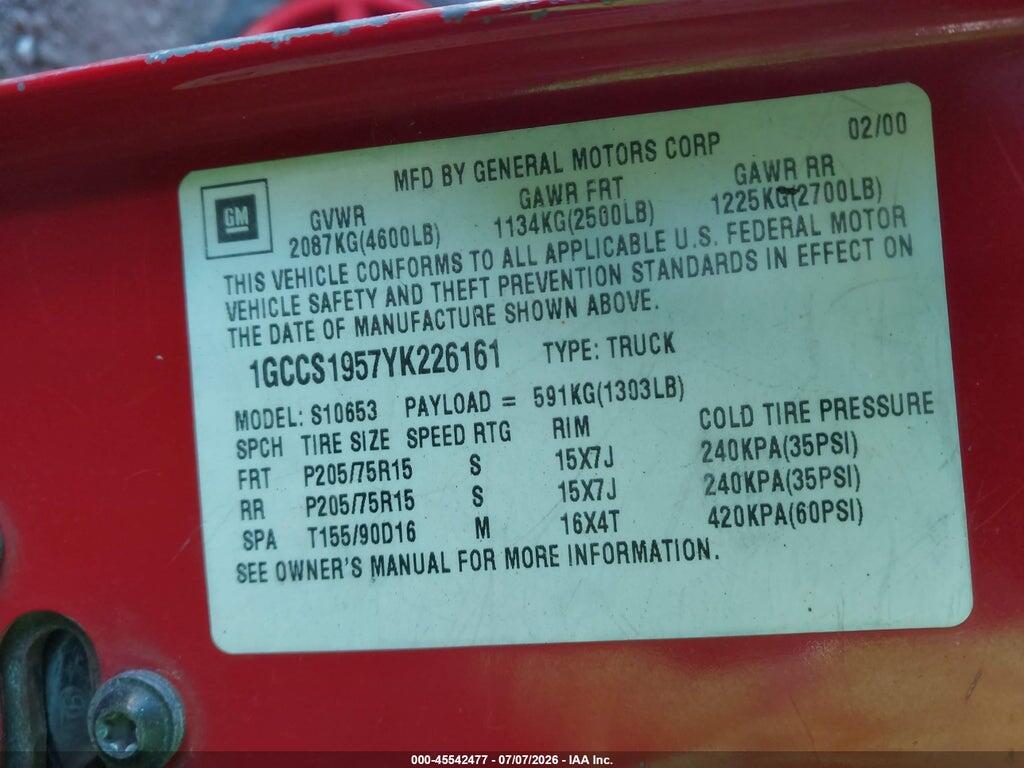 1GCCS1957YK226161 2000 CHEVROLET S-10 photo no. 9