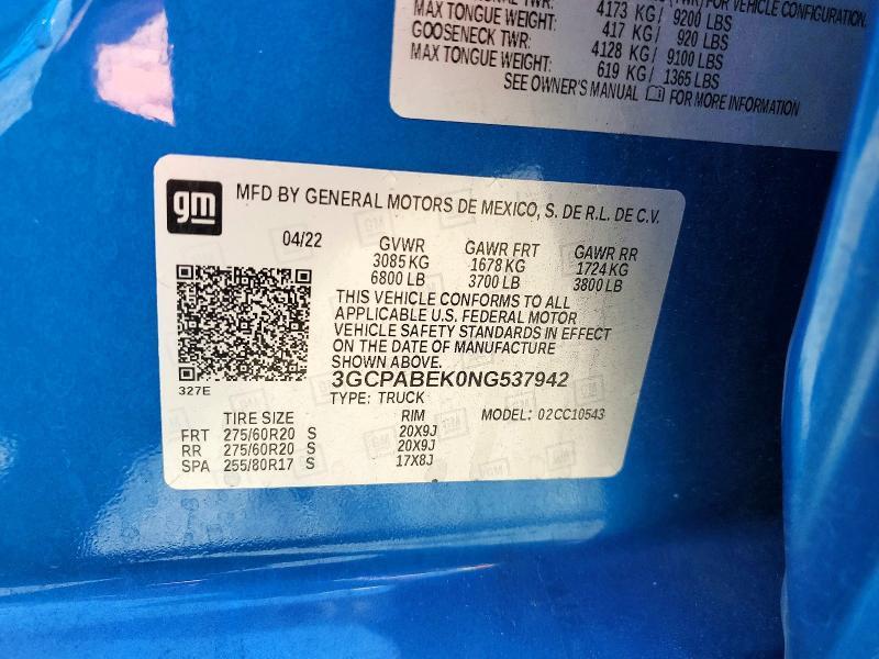 3GCPABEK0NG537942 2022 CHEVROLET SILVERADO photo no. 12