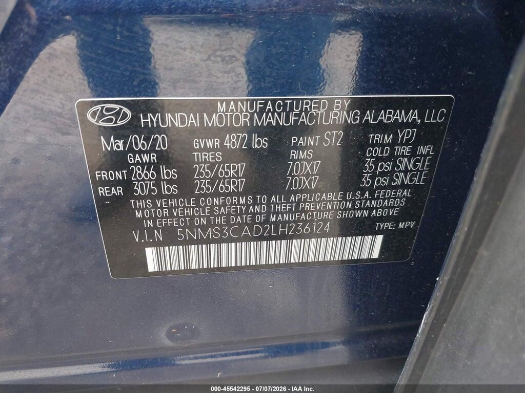 5NMS3CAD2LH236124 2020 HYUNDAI SANTA FE photo no. 9