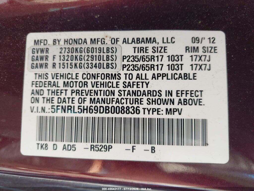 5FNRL5H69DB008836 2013 HONDA ODYSSEY photo no. 9