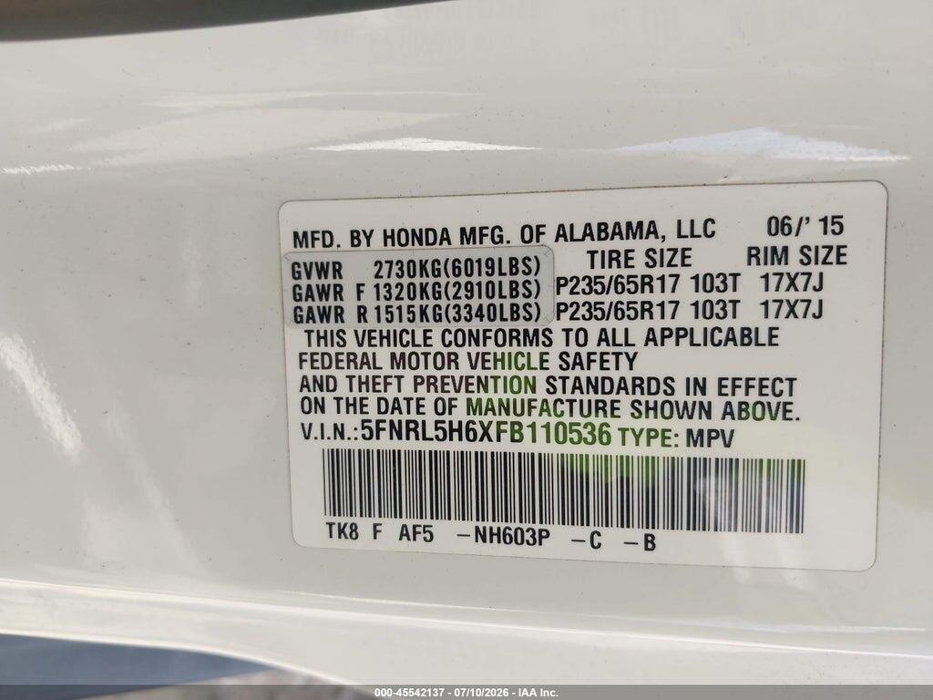 5FNRL5H6XFB110536 2015 HONDA ODYSSEY photo no. 9
