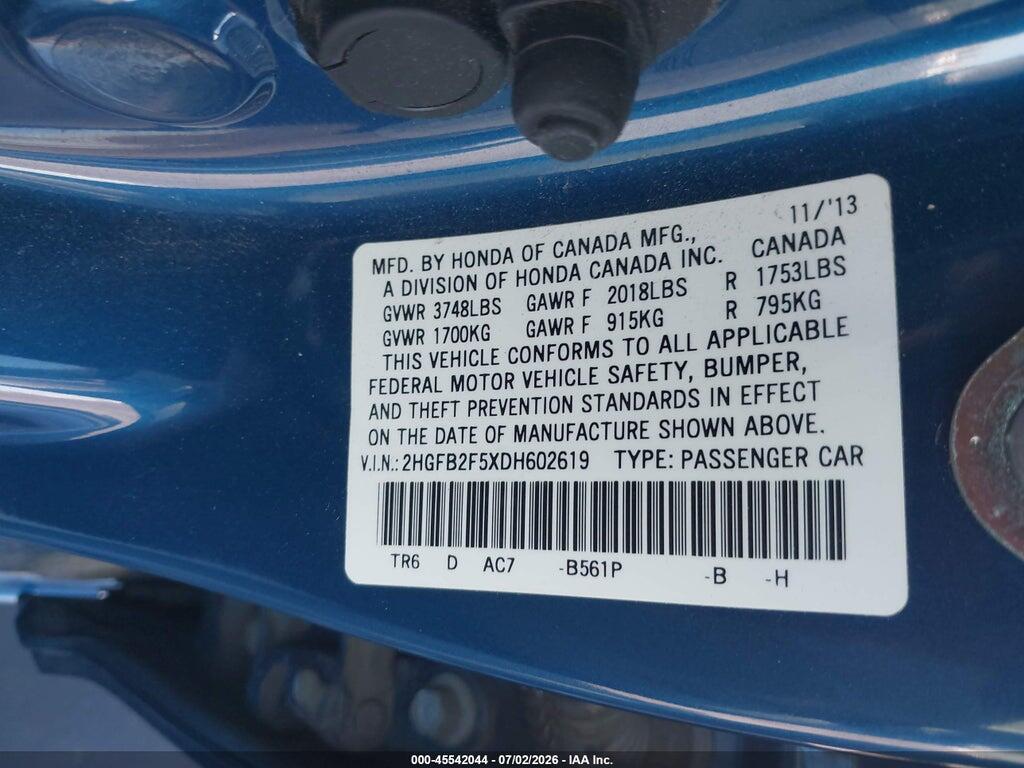 2HGFB2F5XDH602619 2013 HONDA CIVIC photo no. 9