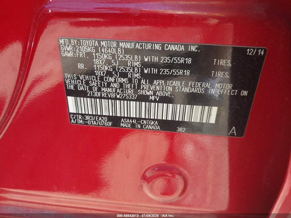 2T3DFREV8FW275337 2015 TOYOTA RAV4 photo no. 9