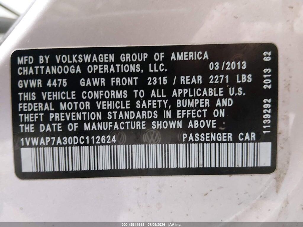1VWAP7A30DC112624 2013 VOLKSWAGEN PASSAT photo no. 9