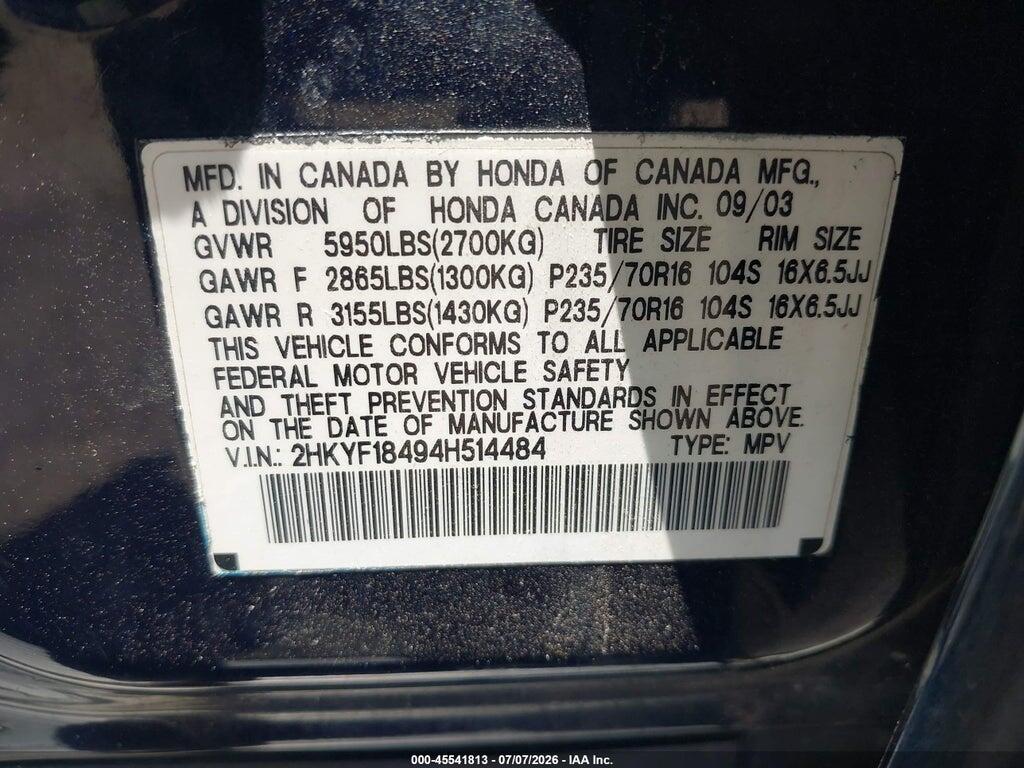 2HKYF18494H514484 2004 HONDA PILOT photo no. 9