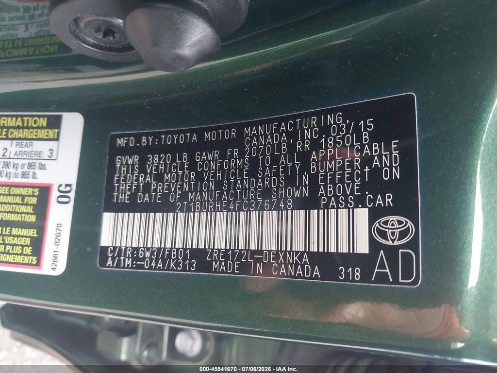 2T1BURHE4FC376748 2015 TOYOTA COROLLA photo no. 9