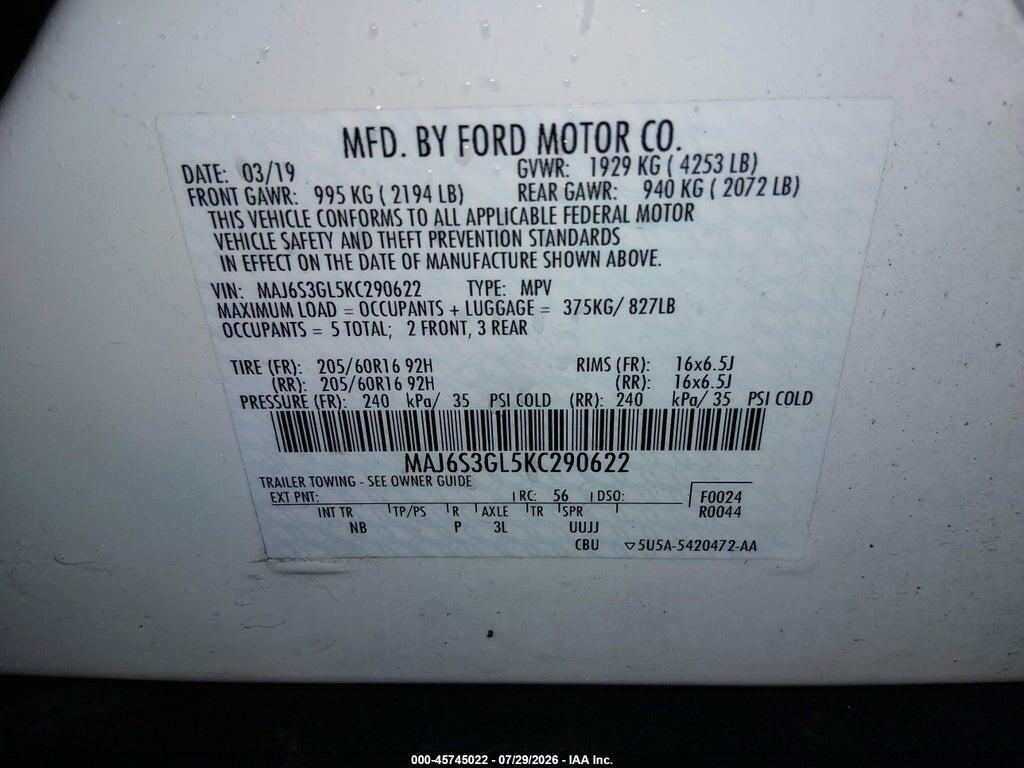 MAJ6S3GL5KC290622 2019 FORD ECOSPORT photo no. 9