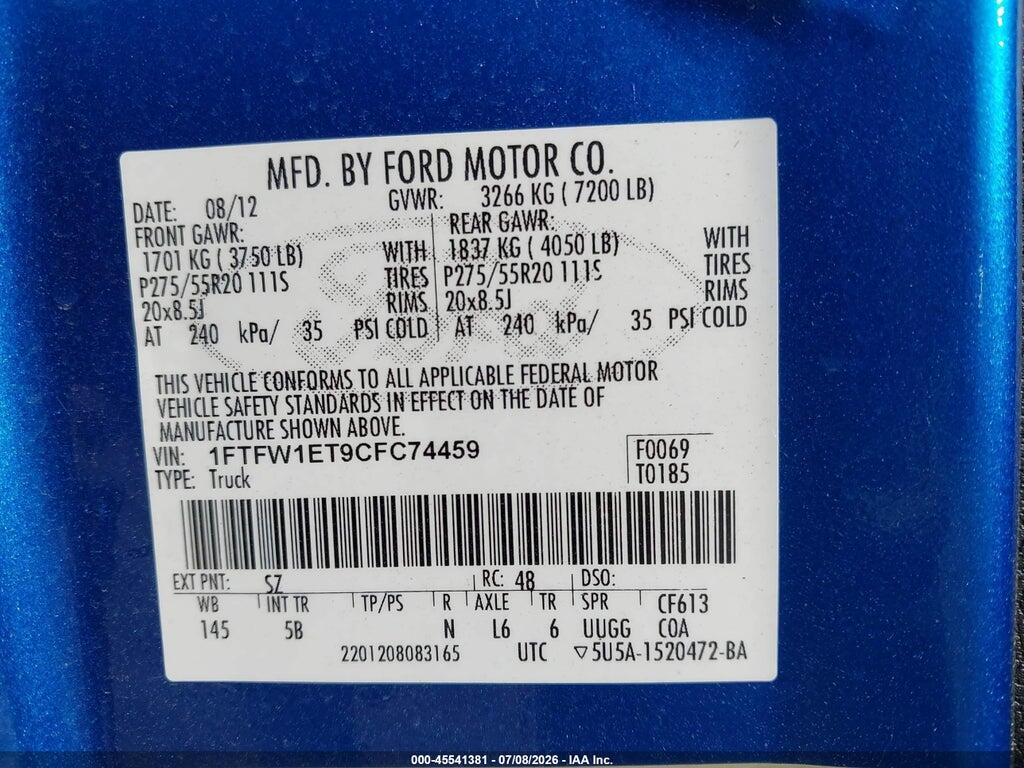 1FTFW1ET9CFC74459 2012 FORD F-150 photo no. 9