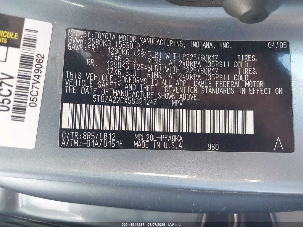 5TDZA22CX5S321247 2005 TOYOTA SIENNA photo no. 9