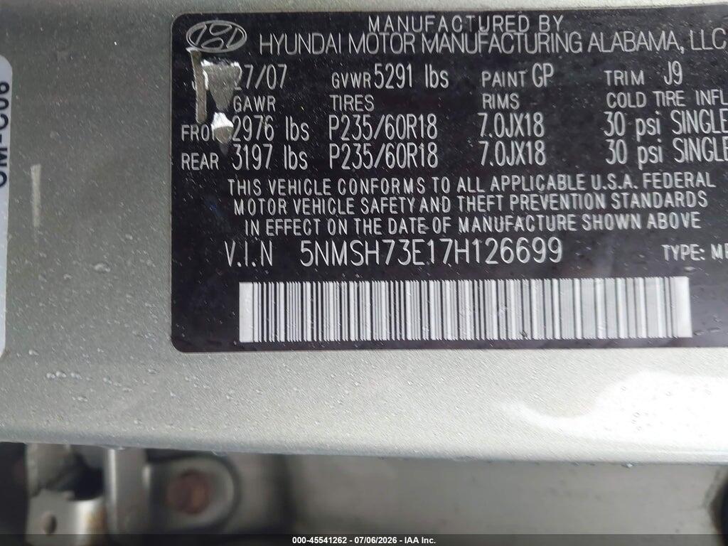 5NMSH73E17H126699 2007 HYUNDAI SANTA FE photo no. 9