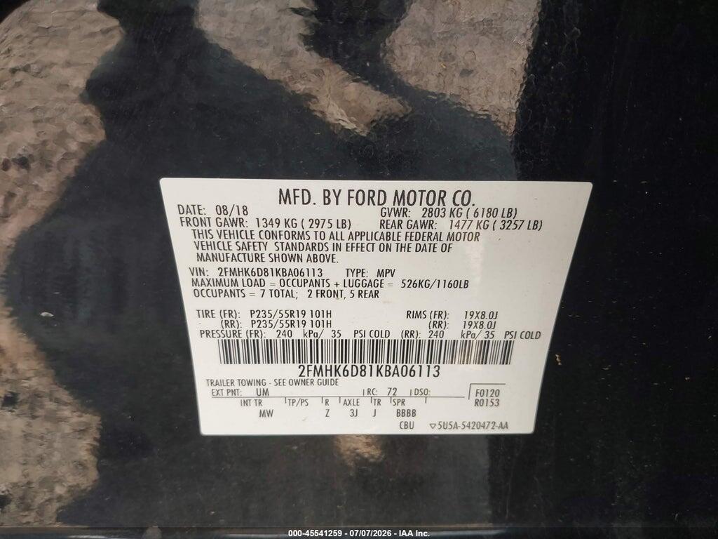 2FMHK6D81KBA06113 2019 FORD FLEX photo no. 9
