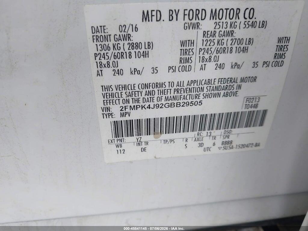 2FMPK4J92GBB29505 2016 FORD EDGE photo no. 9