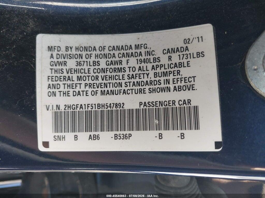 2HGFA1F51BH547892 2011 HONDA CIVIC photo no. 9