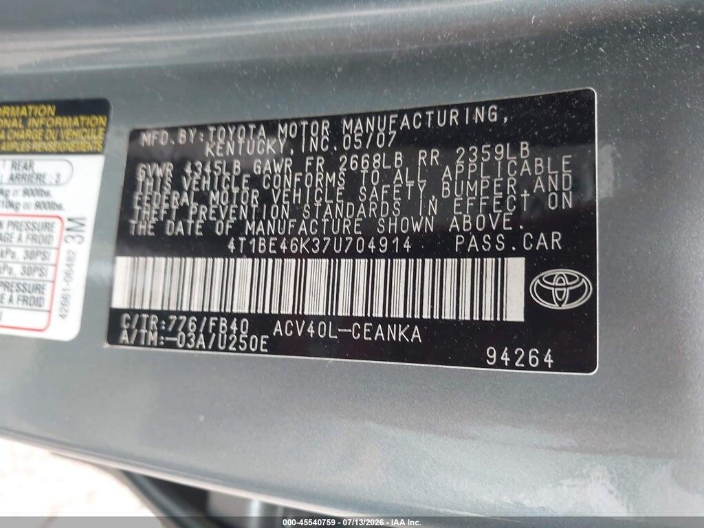 4T1BE46K37U704914 2007 TOYOTA CAMRY photo no. 9