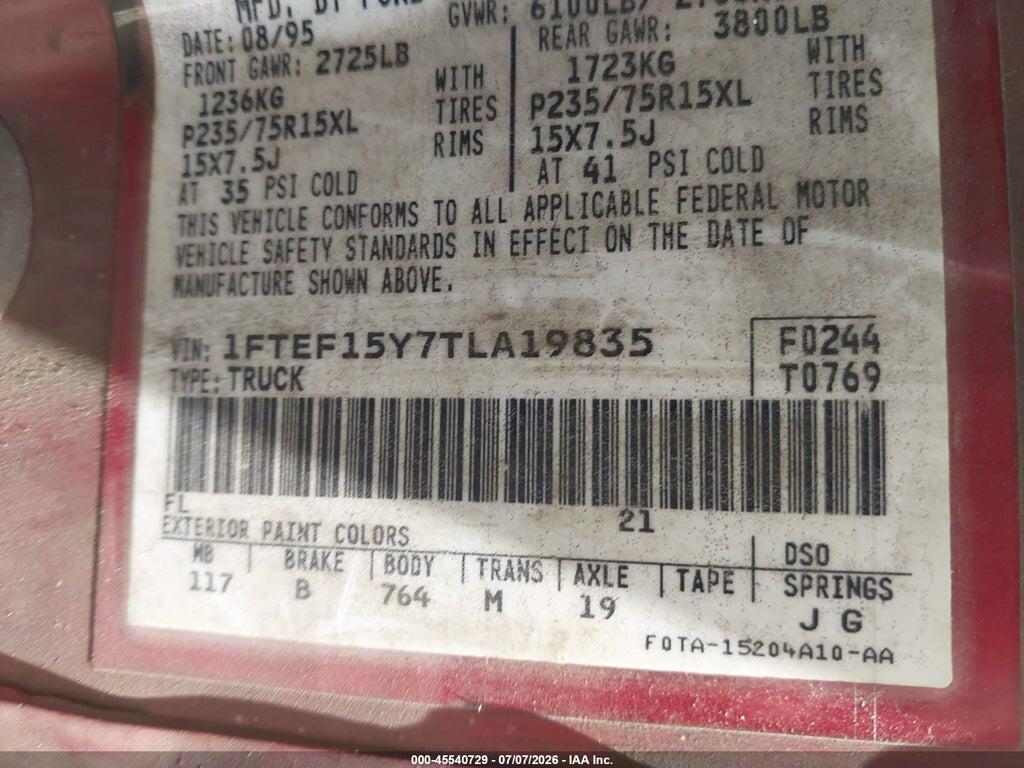 1FTEF15Y7TLA19835 1996 FORD F150 photo no. 9
