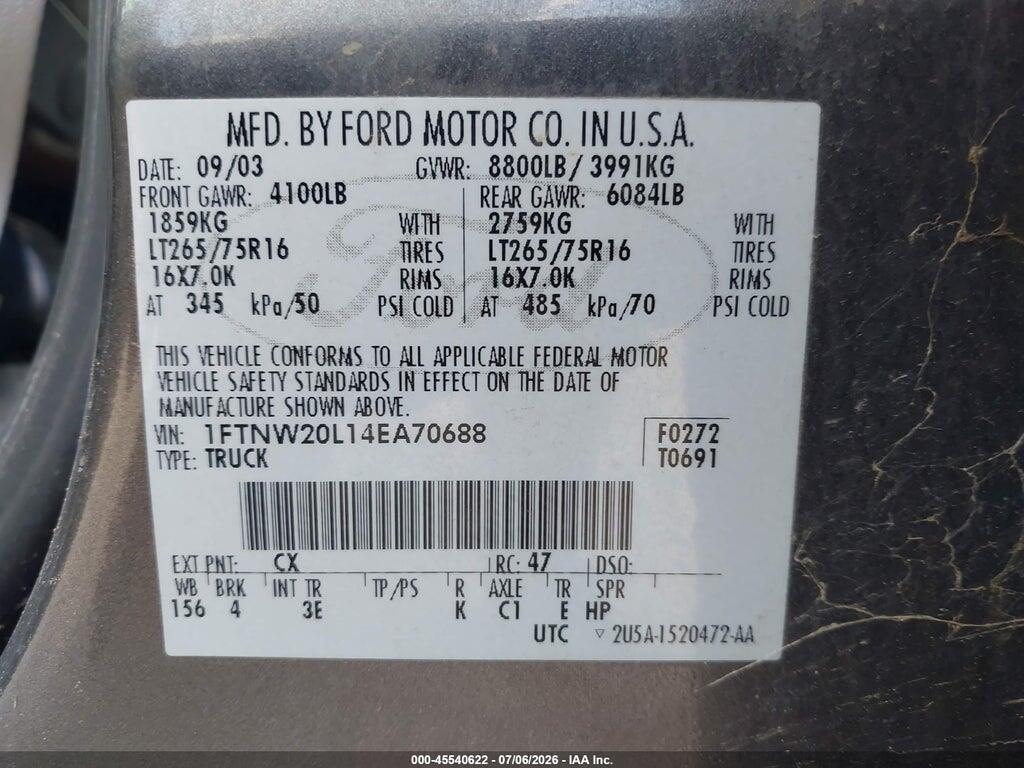 1FTNW20L14EA70688 2004 FORD F-250 photo no. 9