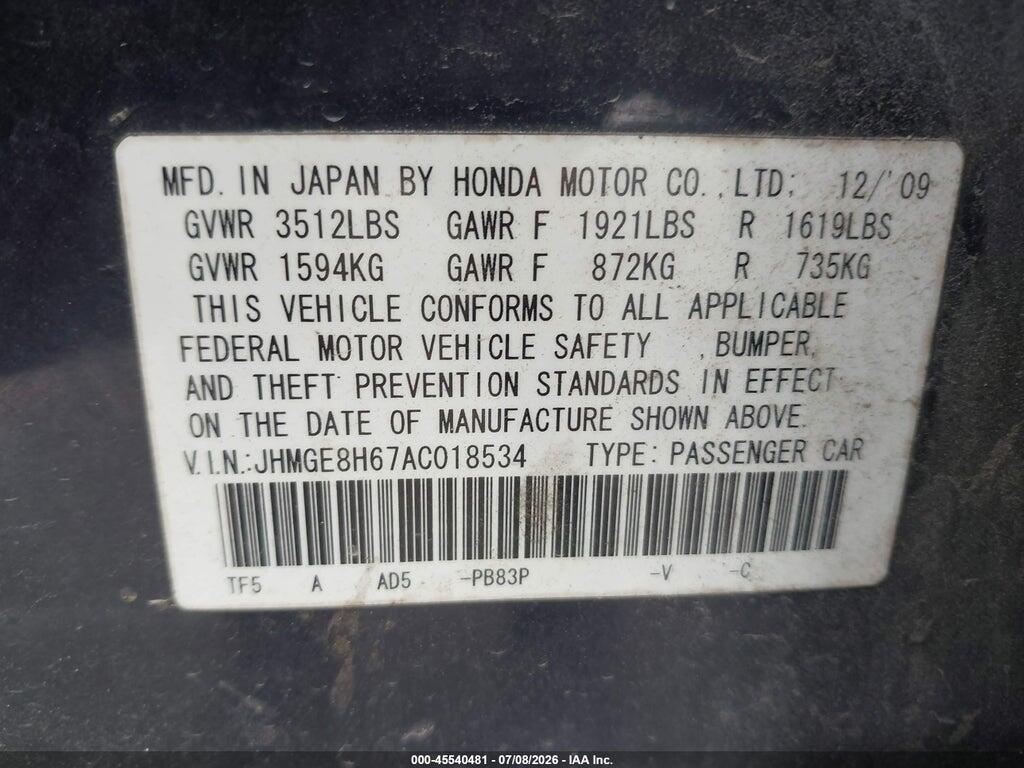 JHMGE8H67AC018534 2010 HONDA FIT photo no. 9